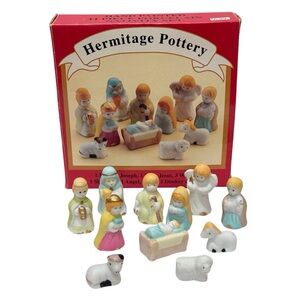 Vintage Hermitage Pottery Miniature Nativity Figurines Set of 11 Pieces in Box